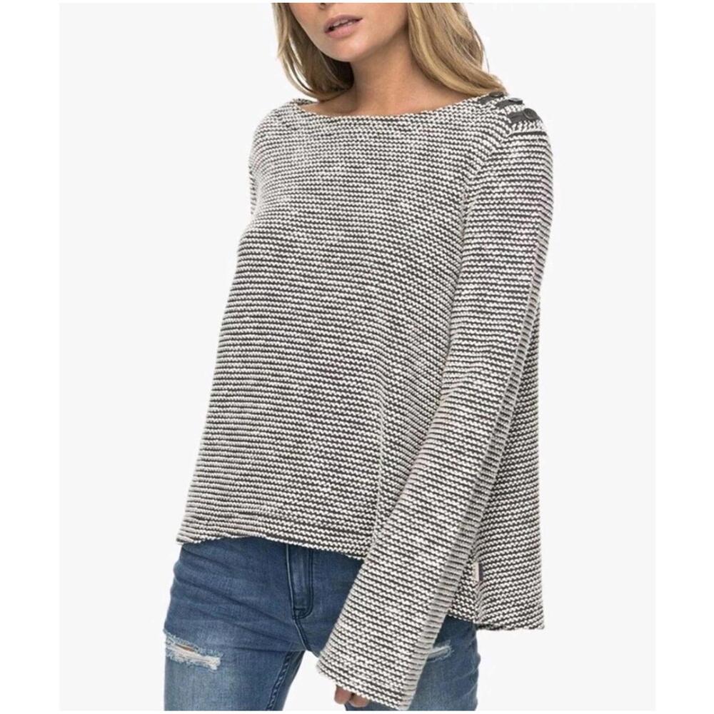 ROXY Women's Knit Cotton Long Sleeve Stripes Top, Size M, Gray/White Bell Sleeve